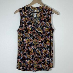Dear Scarlett Sleeveless Lizzy Blouse Top Size S Black Multi Paisley Split Neck